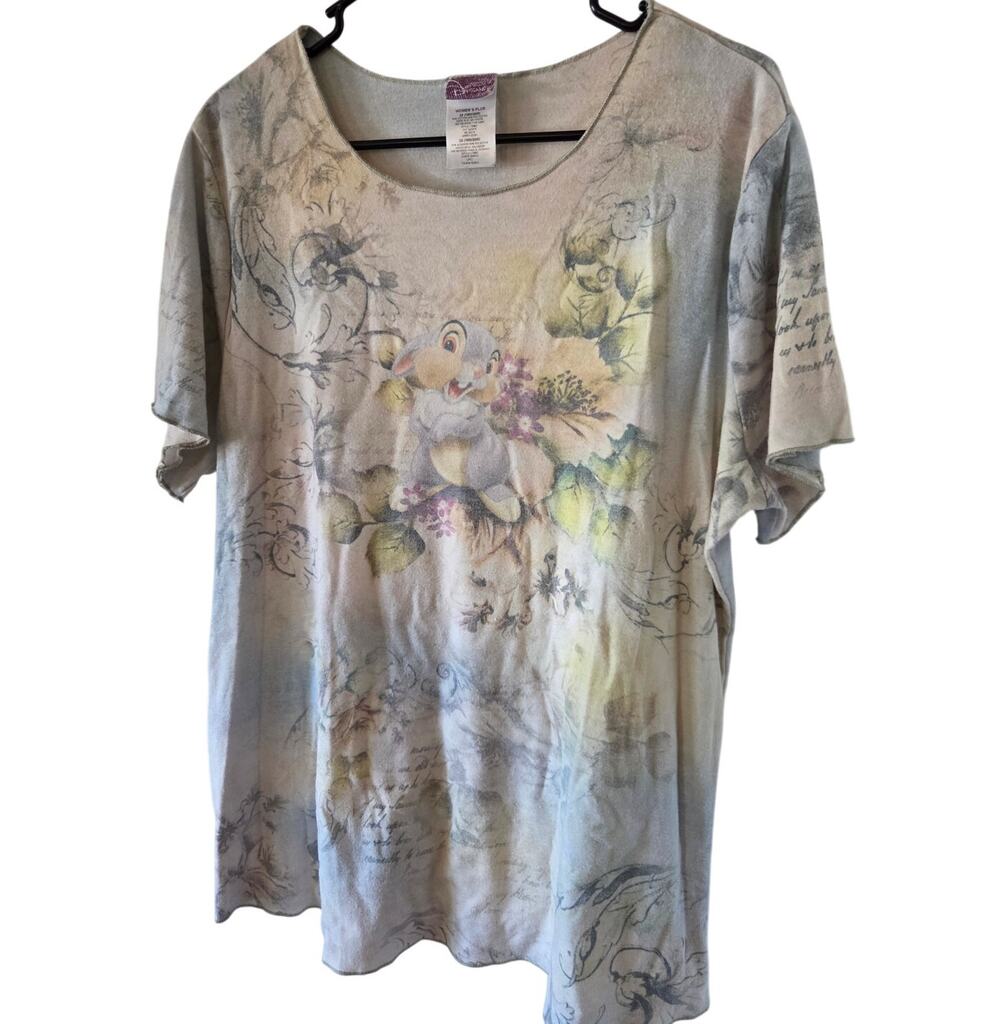 VTG Disney Thumper Shirt 2X Plus Multicolor Floral Bambi Scoop Tee Y2K